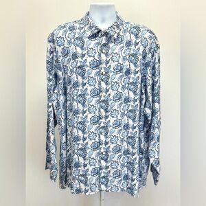 DANIEL CREMIEUX  Blue and White floral 100% Linen long sleeve shirt size XXL